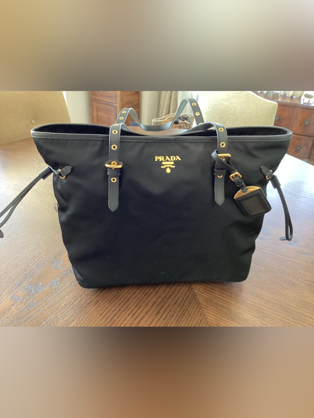 Prada Black Nylon Messenger Tote with Gold Hardware